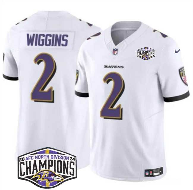 Men%27s Baltimore Ravens #2 Nate Wiggins White F.U.S.E 2024 AFC North Division Champions Vapor Limited Jersey